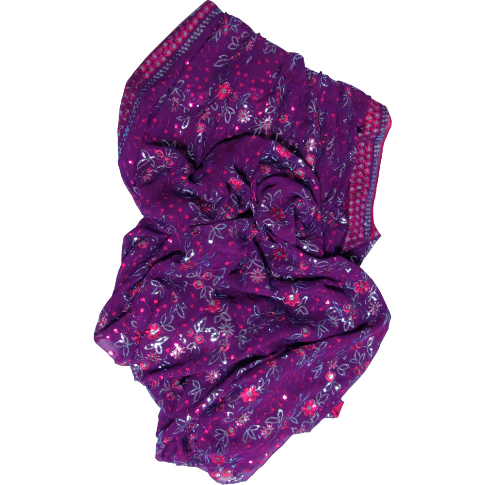 Purple Shimmering Embroidered Georgette Sequined Fabric Sari Scarf Shawl Wrap - Ambali Fashion Evening Scarves 