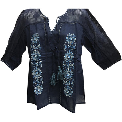 Bohemian Missy Plus Cotton Lace Embroidered 3/4 Sleeve Peasant Blouse Top - Ambali Fashion Blouses 