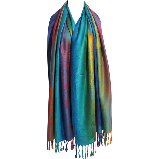 Reversible Jacquard Rainbow Floral Pashmina Silk Scarf Shawl - Ambali Fashion Pashminas 