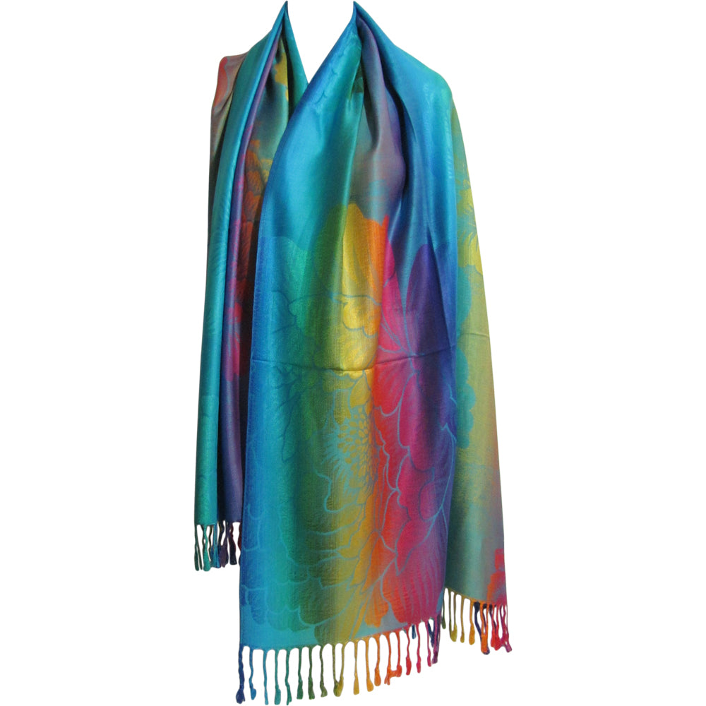 Reversible Jacquard Rainbow Floral Pashmina Silk Scarf Shawl - Ambali Fashion Pashminas 