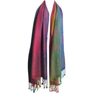 Reversible Jacquard Rainbow Fringe Paisley Pashmina Silk Scarf Shawl - Ambali Fashion Pashminas 
