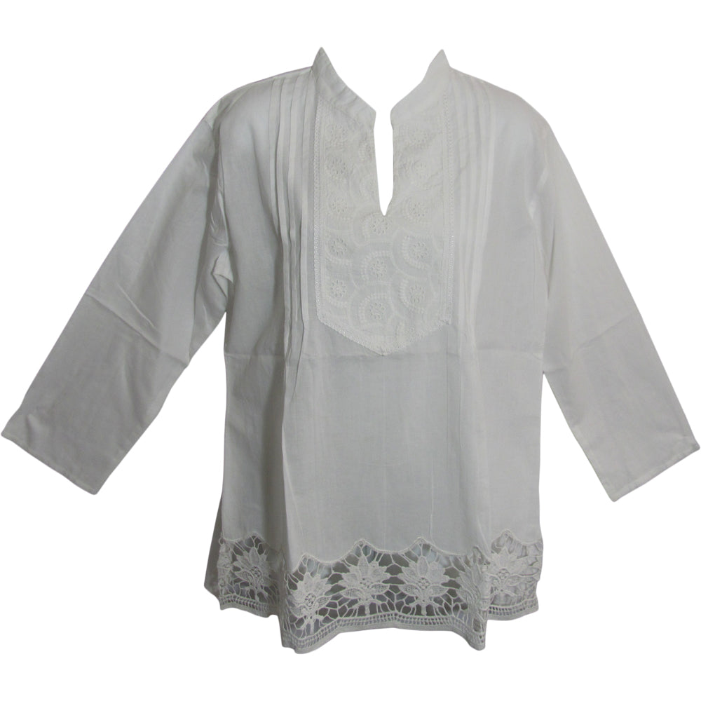 Missy Plus Indian Cotton Lace Eyelet Long Sleeve White Tunic Blouse LD3 - Ambali Fashion Blouses 