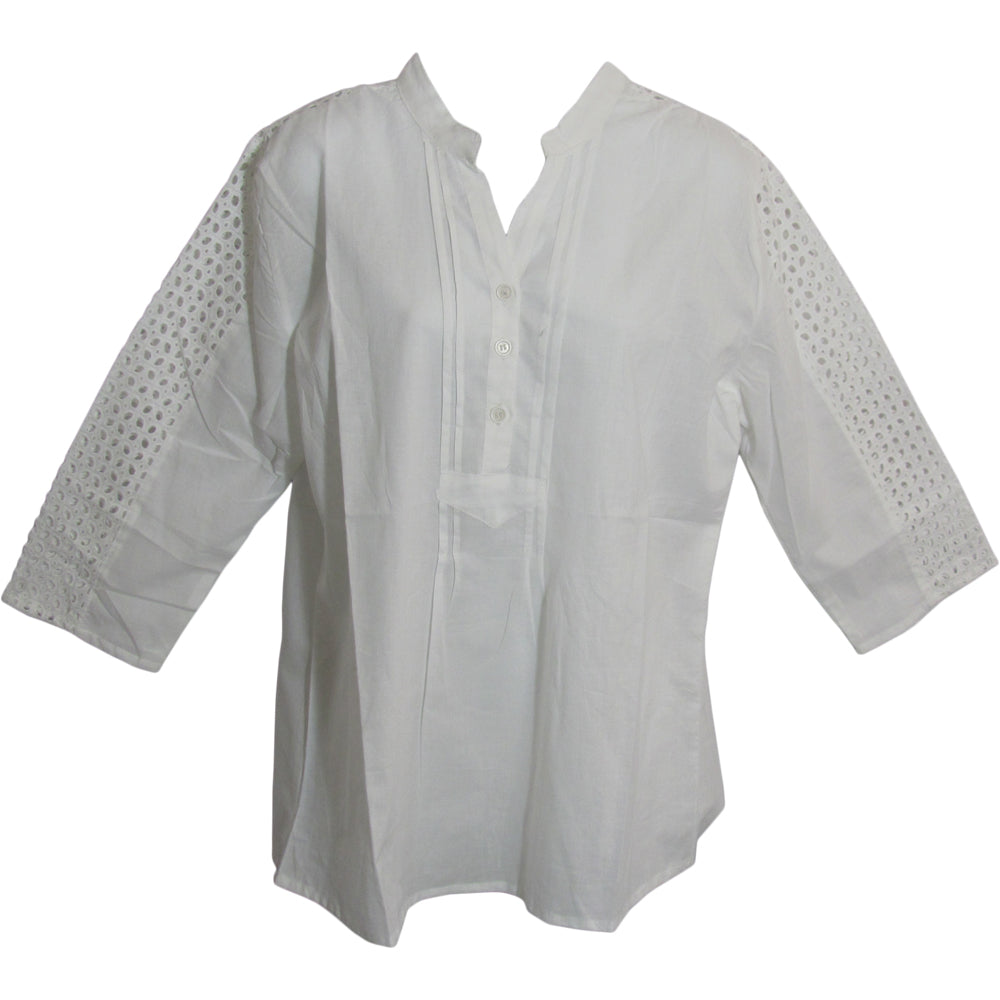 Missy Plus Indian Cotton Eyelet 3/4 Sleeve White Tunic Blouse LD2 - Ambali Fashion Blouses 