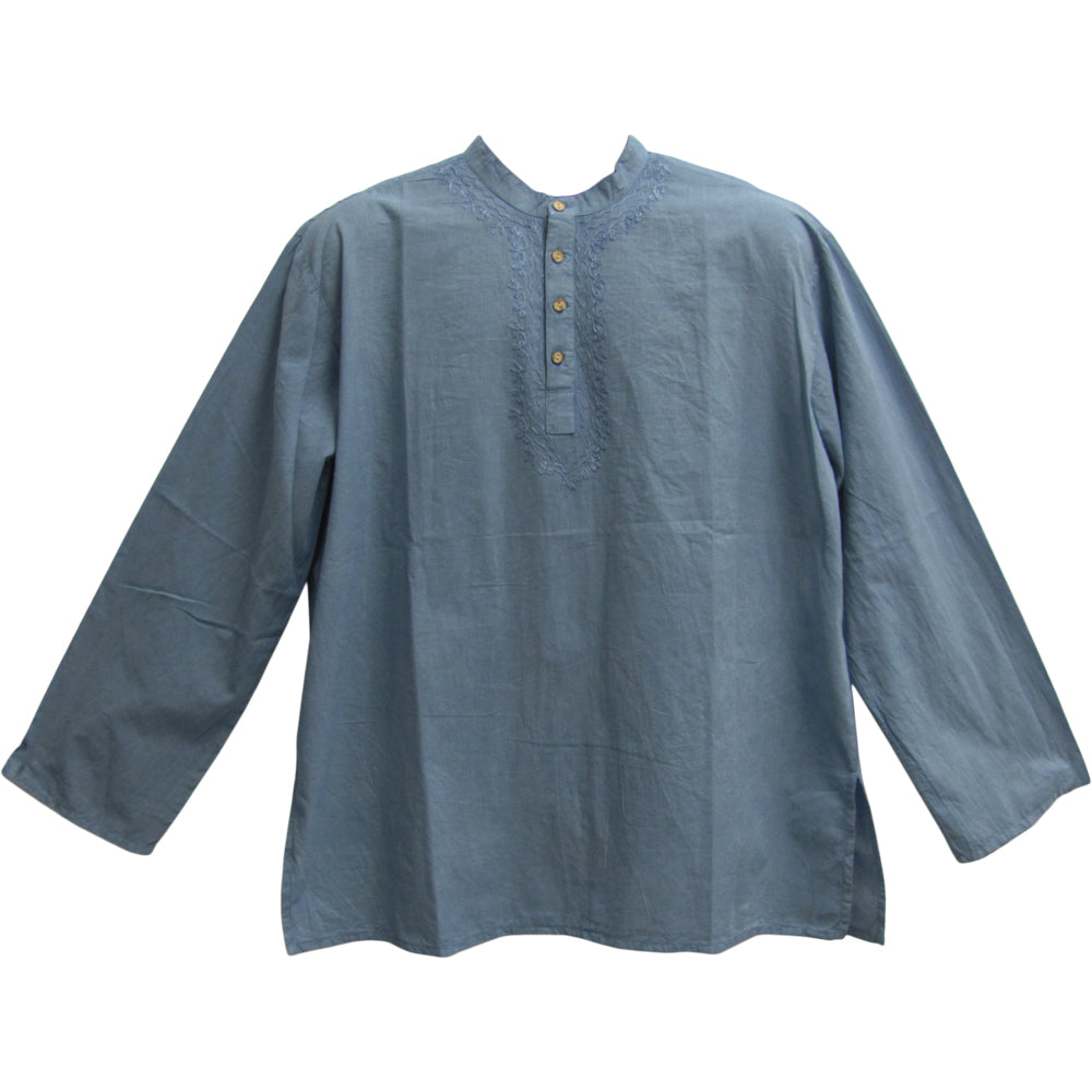 Bohemian Cotton Embroidered Tree Design Men's Tunic Shirt Blue India - Ambali Fashion Men's Tunics 