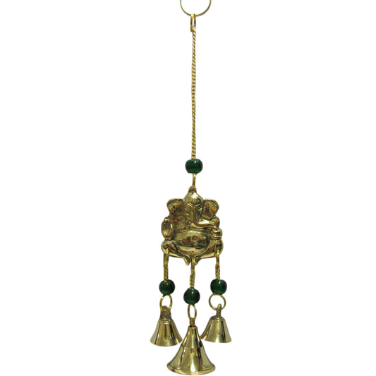 9" Ganesh Yoga Good Luck 3 Bell Home and Garden Brass Wind Chime w/ Glass Beads - Ambali Fashion Wind Chimes bohemian, boho, casual, classic, decor, decoration, dorm, eastern, ethnic, gypsy, 