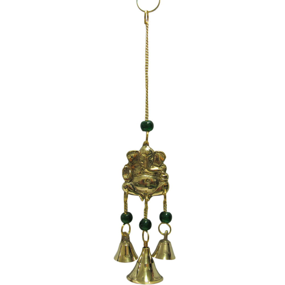 9" Ganesh Yoga Good Luck 3 Bell Home and Garden Brass Wind Chime w/ Glass Beads