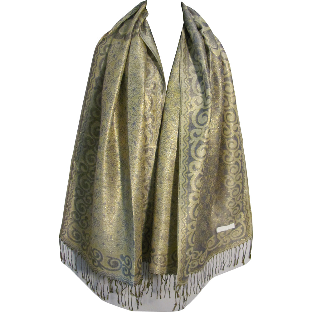 Beige/Gray/Gold Reversible Paisley Shimmering Lurex Pashmina Scarf Wrap Shawl - Ambali Fashion Pashminas 