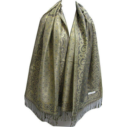 Beige/Gray/Gold Reversible Paisley Shimmering Lurex Pashmina Scarf Wrap Shawl - Ambali Fashion Pashminas 