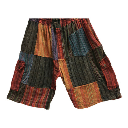 Men's Ethnic Print Stonewashed Cotton Patchwork Cargo Shorts - Ambali Fashion Men's Shorts 