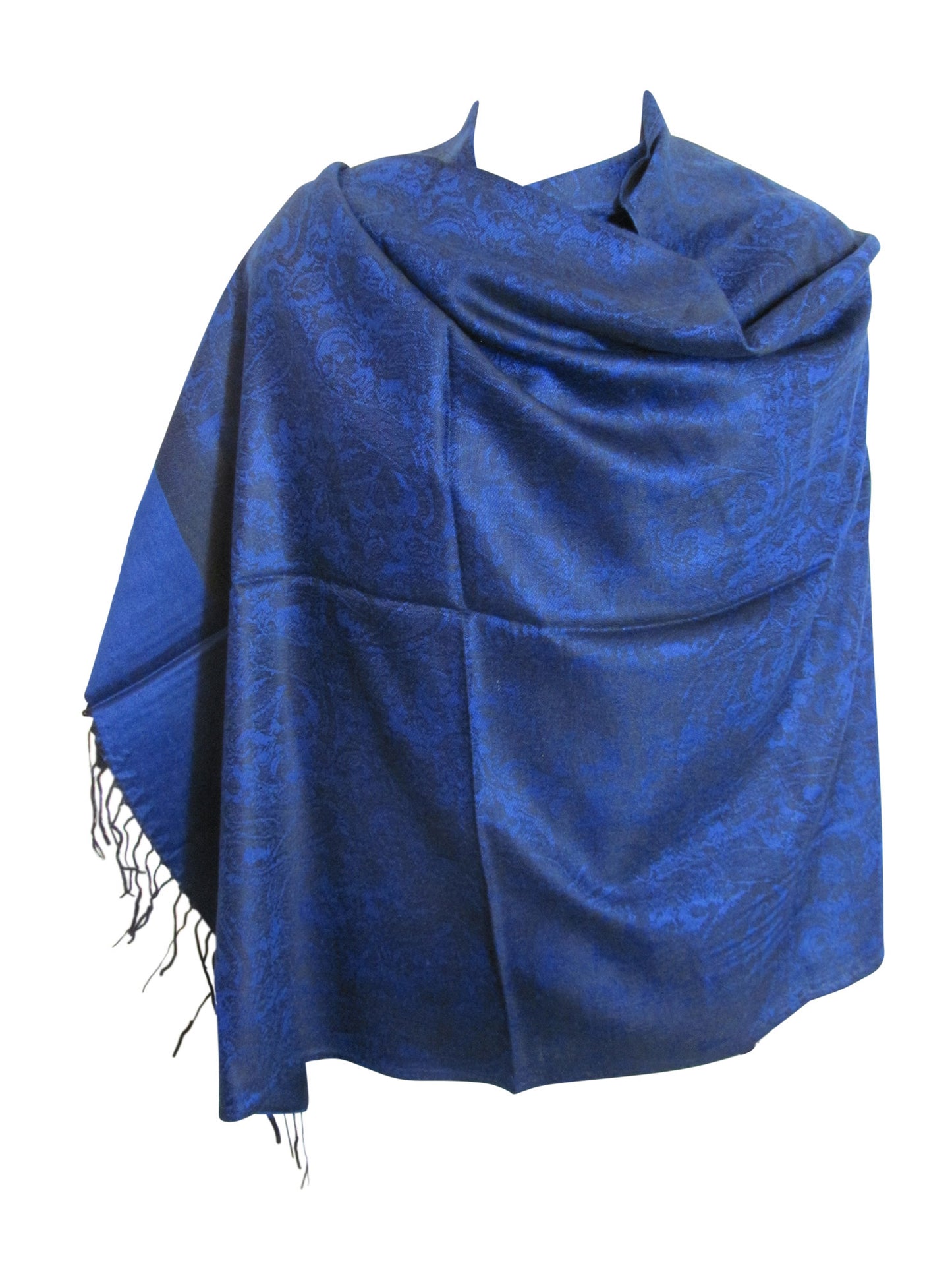 Reversible Jacquard Blue Paisley Fringe Pashmina Silk Scarf Shawl - Ambali Fashion Pashminas 