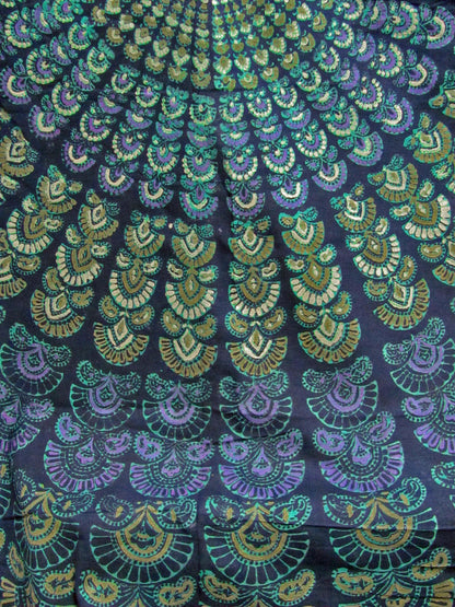 India Navy Blue Handloomed Cotton Mandala Peacock Tab Top Panel Curtain Window Covering - Ambali Fashion Tapestries 