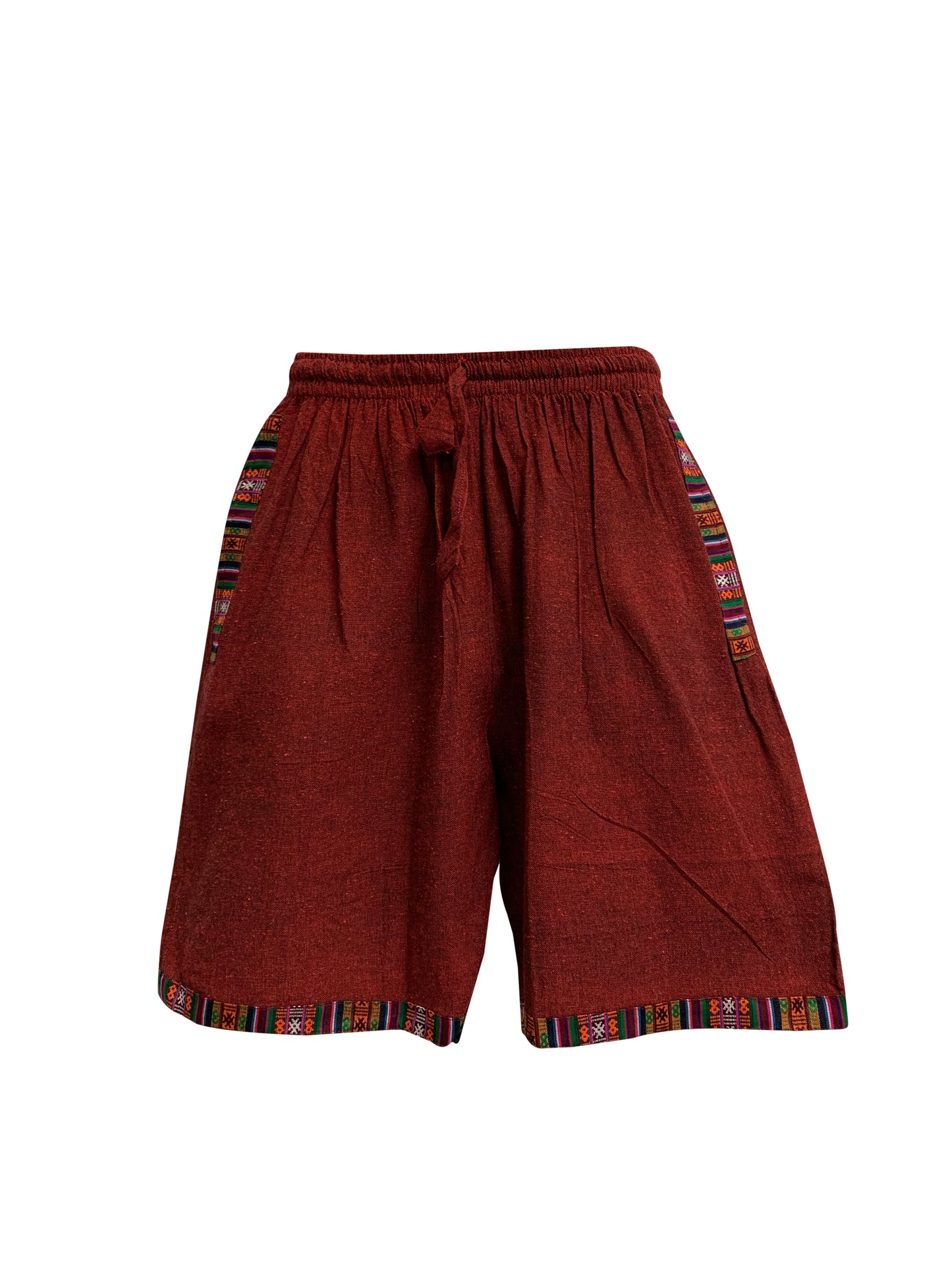 Men's Woven Cotton Elastic Drawstring Three-Pocket Ethnic Print Shorts