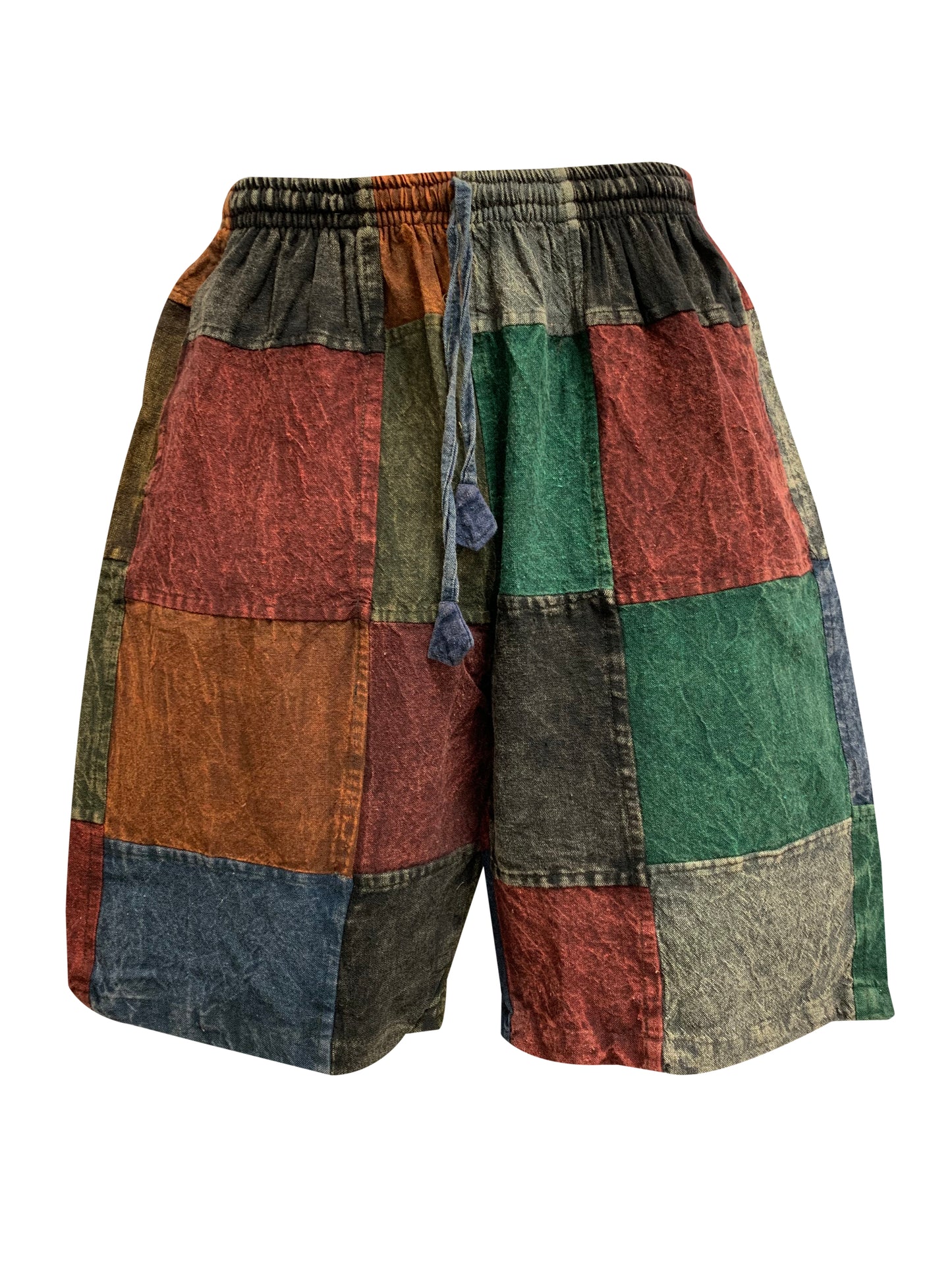 Men's Boho Bohemian Hippie Stonewashed Cotton Patchwork Colorblock Rustic Three Pocket Festival Shorts