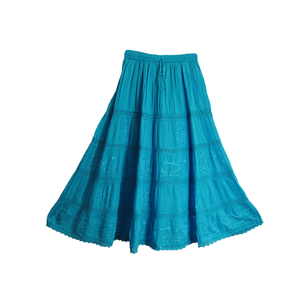 Bohemian Embroidered Lace 3-Tier Gauze Cotton Long Maxi Skirt - Ambali Fashion Skirts beach, bohemian, boho, cotton, dress, ethnic, india, sixties, spring, summer, trendy