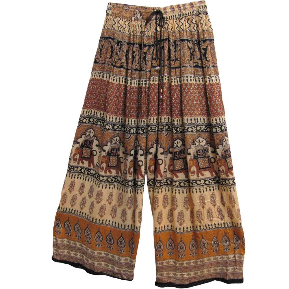 Womens Indian Bohemian Gypsy Ethnic Print Palazzo Pants (Brown Tones) - Ambali Fashion Women's Pants 
