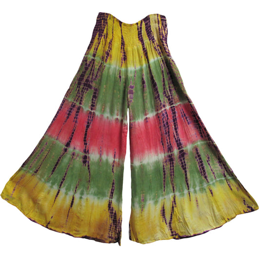 Bohemian Stonewashed Tie-Dye Gaucho Flared Wide Leg Palazzo Pants (Multicolored) - Ambali Fashion Women's Pants 