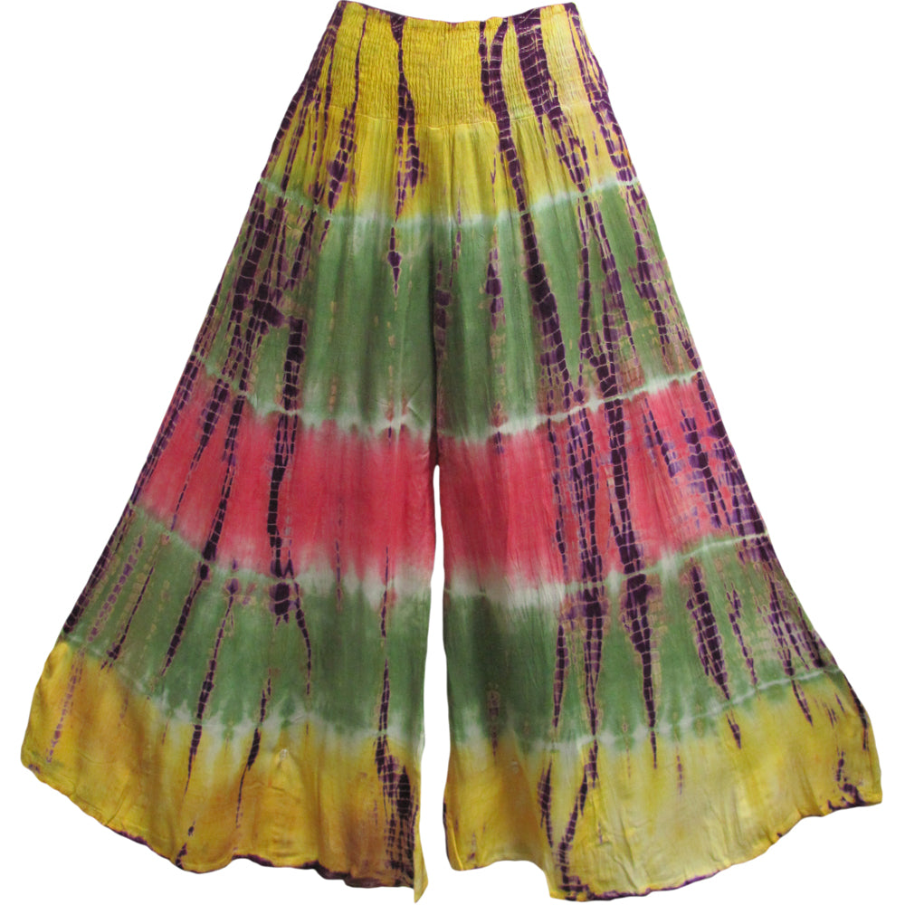 Bohemian Stonewashed Tie-Dye Gaucho Flared Wide Leg Palazzo Pants (Multicolored) - Ambali Fashion Women's Pants 