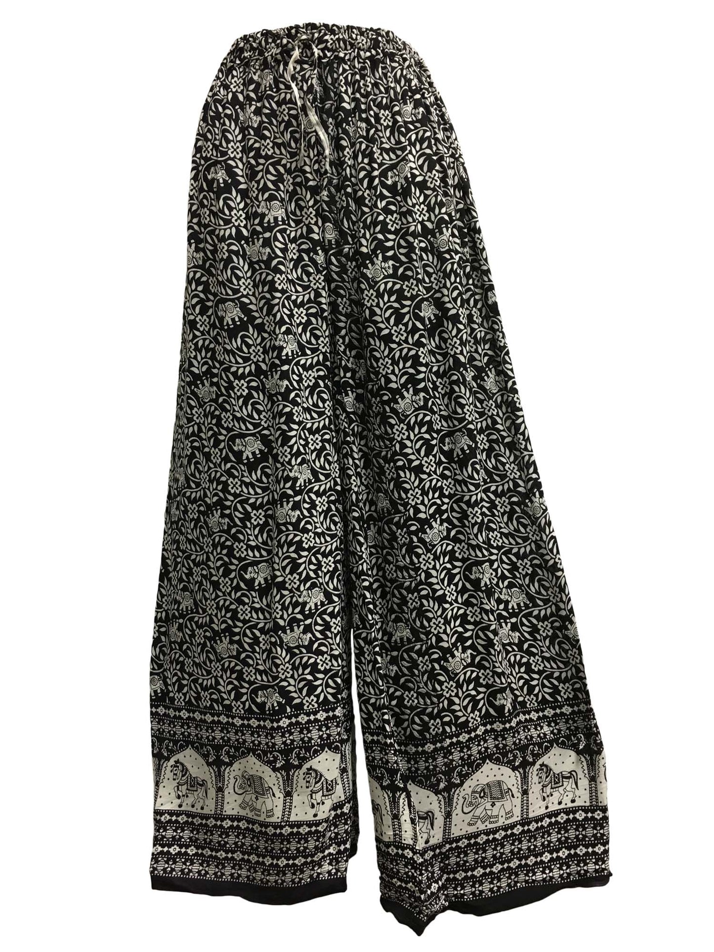Women's White & Black Ethnic Elephant Print Cotton Wide Leg Casual Palazzo Pants - Ambali Fashion Women's Pants 