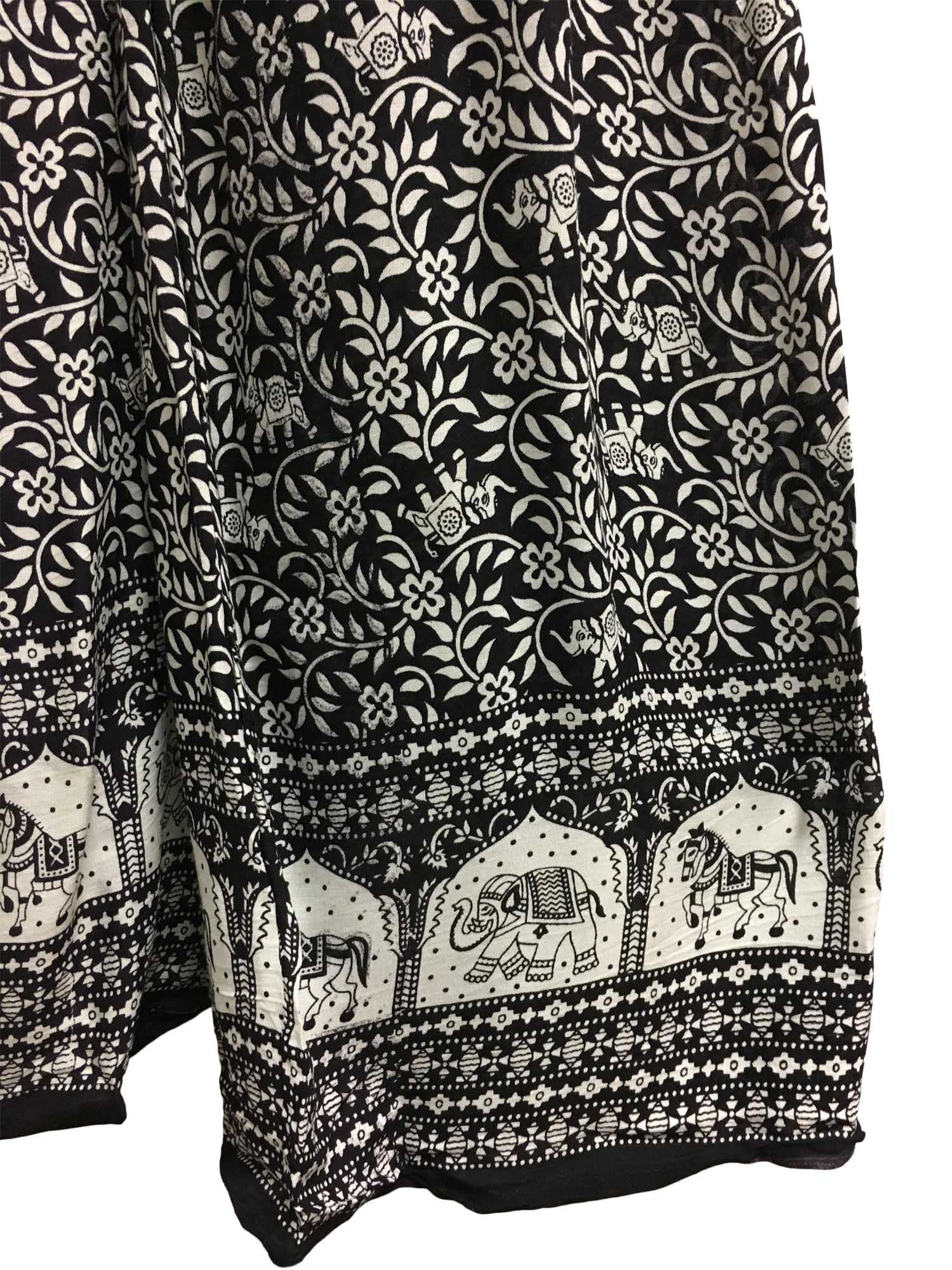 Women's White & Black Ethnic Elephant Print Cotton Wide Leg Casual Palazzo Pants - Ambali Fashion Women's Pants 