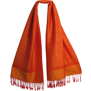 Reversible Jacquard Orange Fringe Paisley Pashmina Silk Scarf Shawl - Ambali Fashion Pashminas 