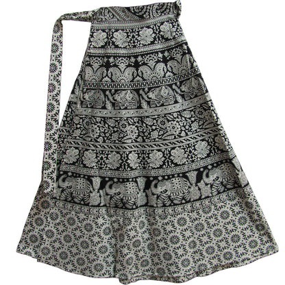 Gypsy Indian Ethnic Black & White Block Print Cotton Wrap Around Long Maxi Skirt - Ambali Fashion Skirts bohemian, casual, ethnic, gypsy, hippie, maternity, summer, trendy
