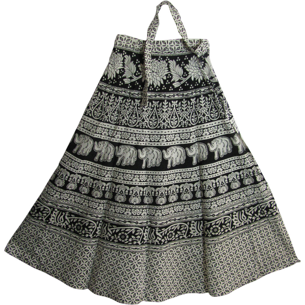 Gypsy Indian Ethnic Black & White Block Print Cotton Wrap Around Long Maxi Skirt - Ambali Fashion Skirts bohemian, casual, ethnic, gypsy, hippie, maternity, summer, trendy