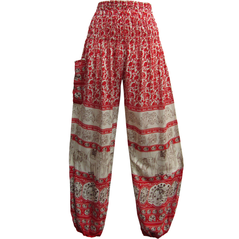 Indian Bohemian Gypsy White Elephant Print Meditation Yoga Harem Pants - Ambali Fashion Women's Pants 