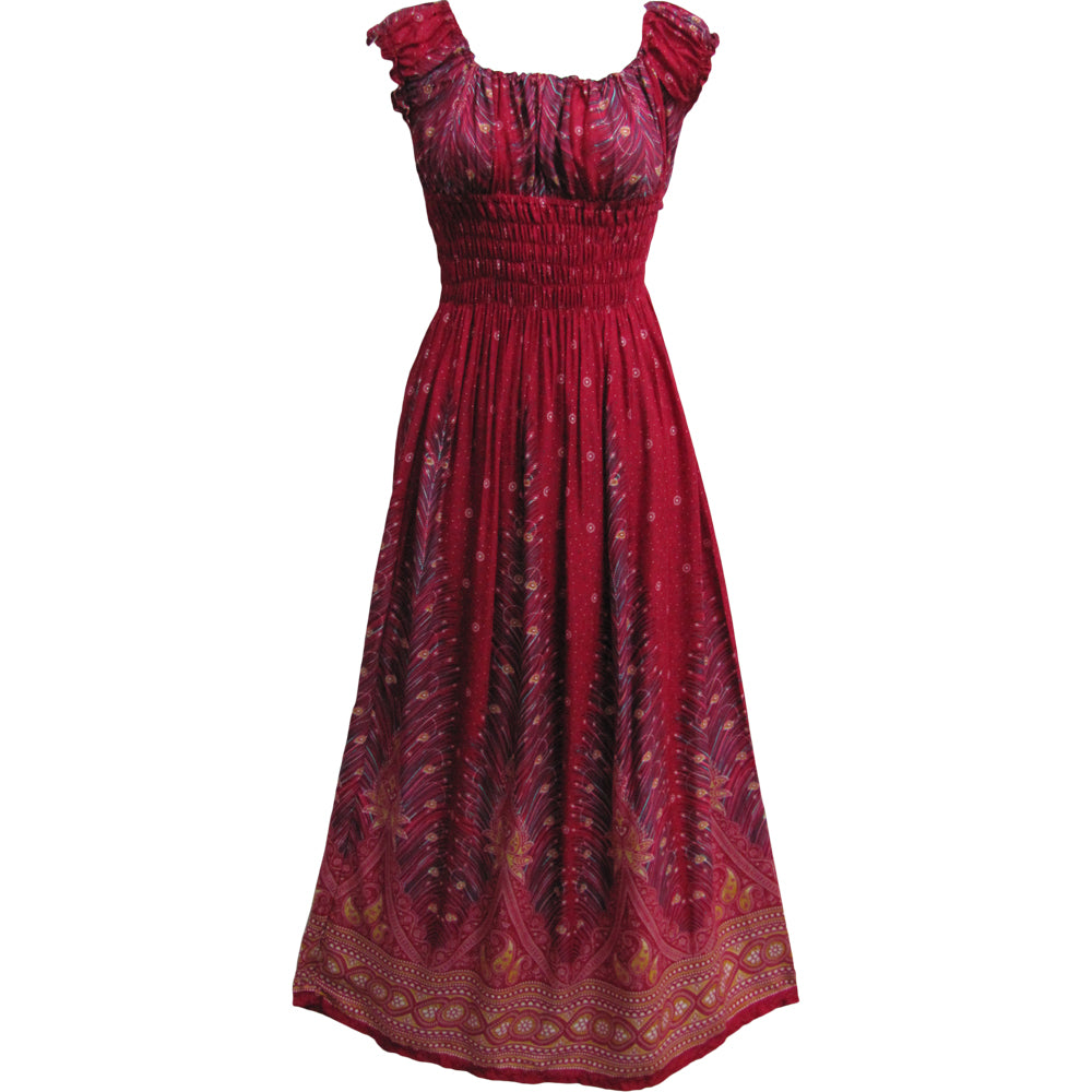 Smocked Short-Sleeve Cotton Long Maxi Peacock Print Dress THNONA5 - Ambali Fashion Dresses 