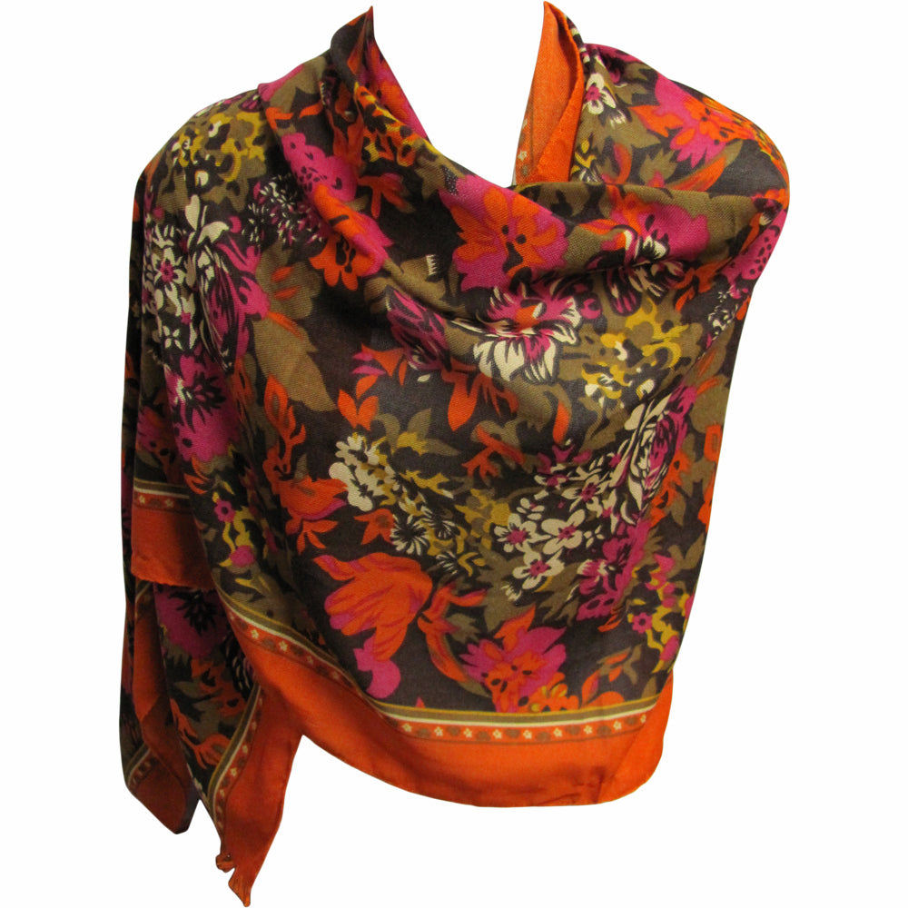 Lightweight Orange & Green Trendy Fashion Floral Print Scarf (28" x 72") JK395 - Ambali Fashion Evening Scarves 