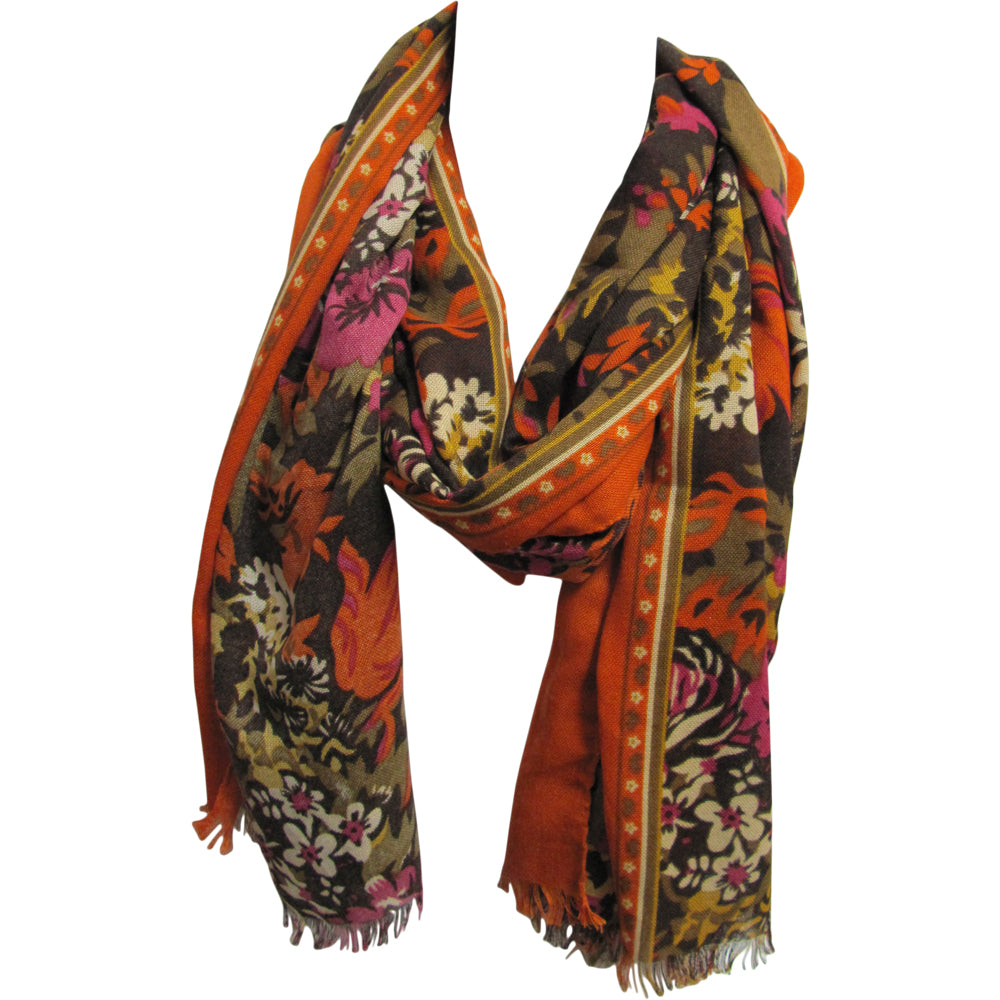 Lightweight Orange & Green Trendy Fashion Floral Print Scarf (28" x 72") JK395 - Ambali Fashion Evening Scarves 