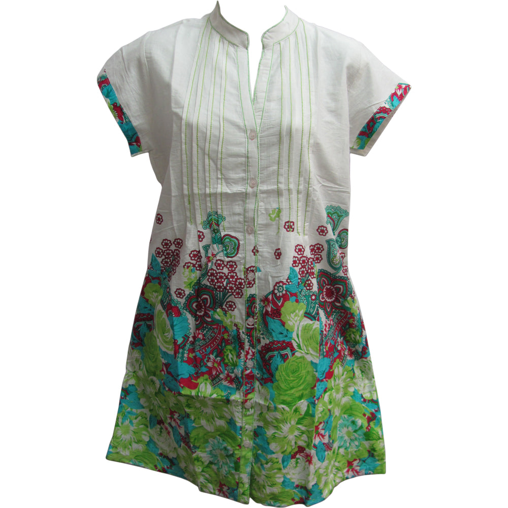 Indian Cotton Mandarin Collar Button Down Paisley Short Sleeve Shift Dress - Ambali Fashion Dresses 