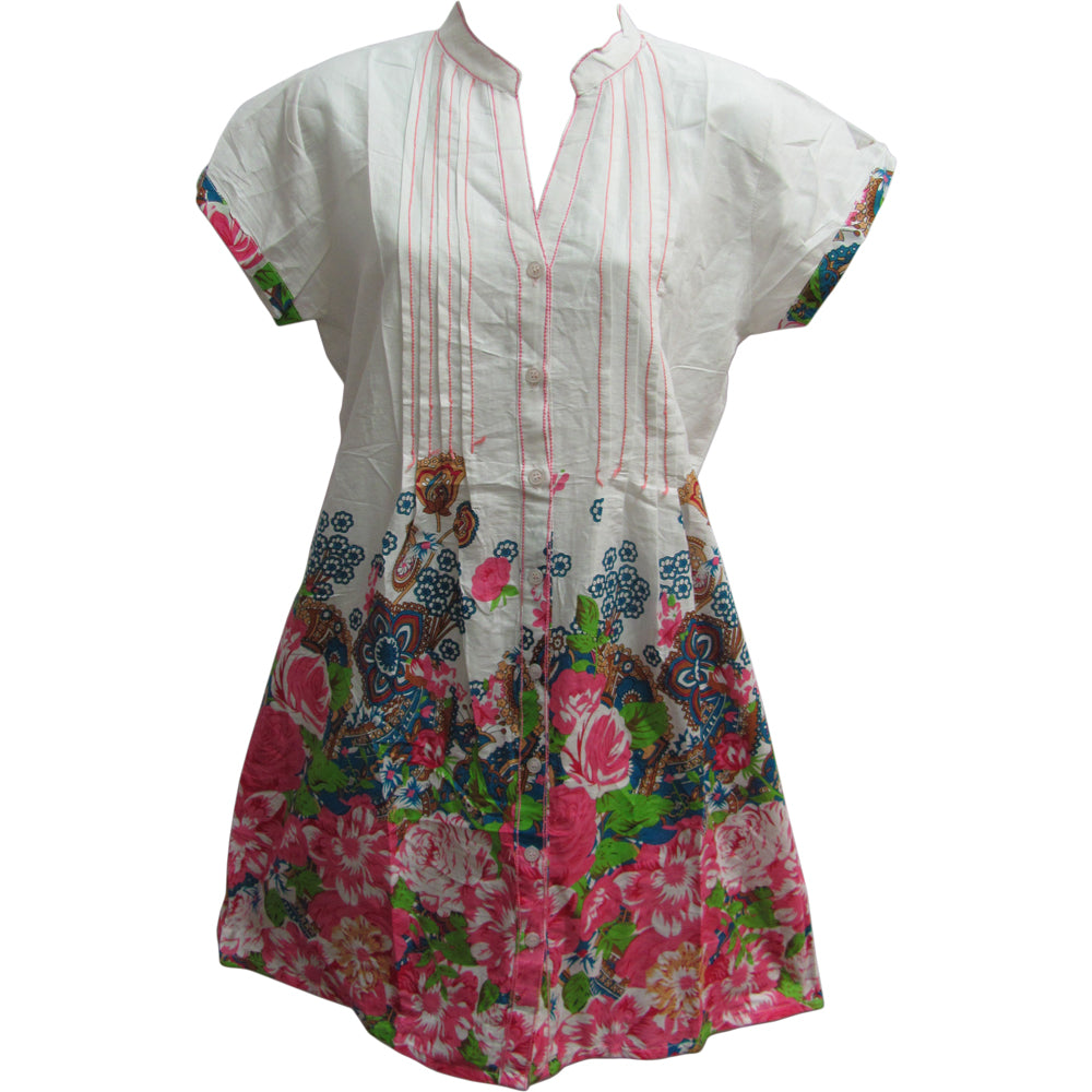 Indian Cotton Mandarin Collar Button Down Paisley Short Sleeve Shift Dress - Ambali Fashion Dresses 