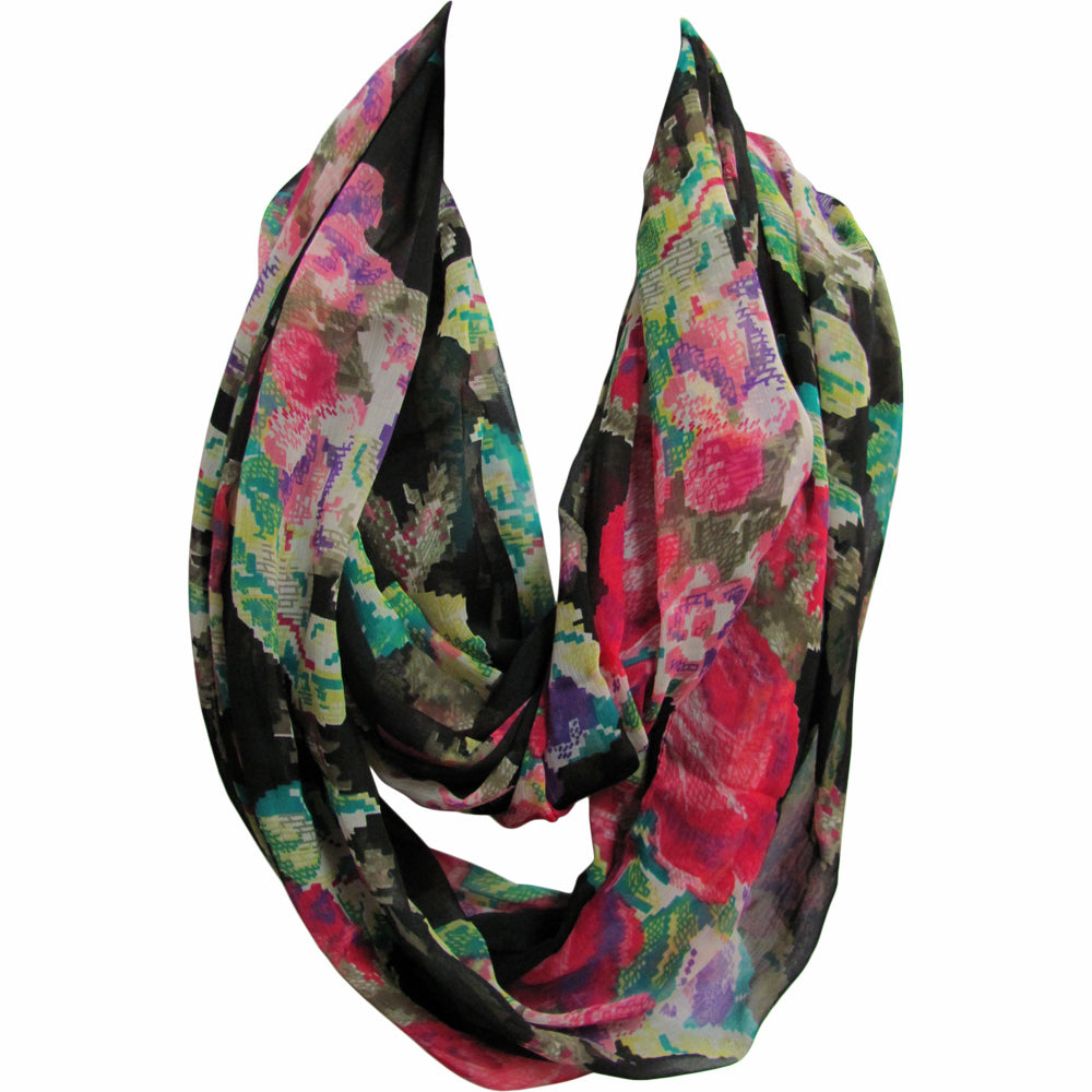 Sheer Chiffon Double Loop Fashion Black Floral Infinity Scarf JK411 - Ambali Fashion Evening Scarves 