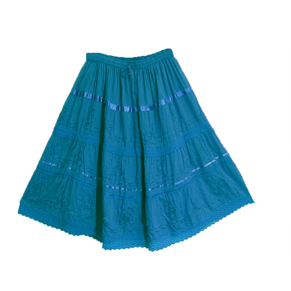 Three-Tier Bohemian Embroidered Cotton Womens Mid Length Skirt - Ambali Fashion Skirts 
