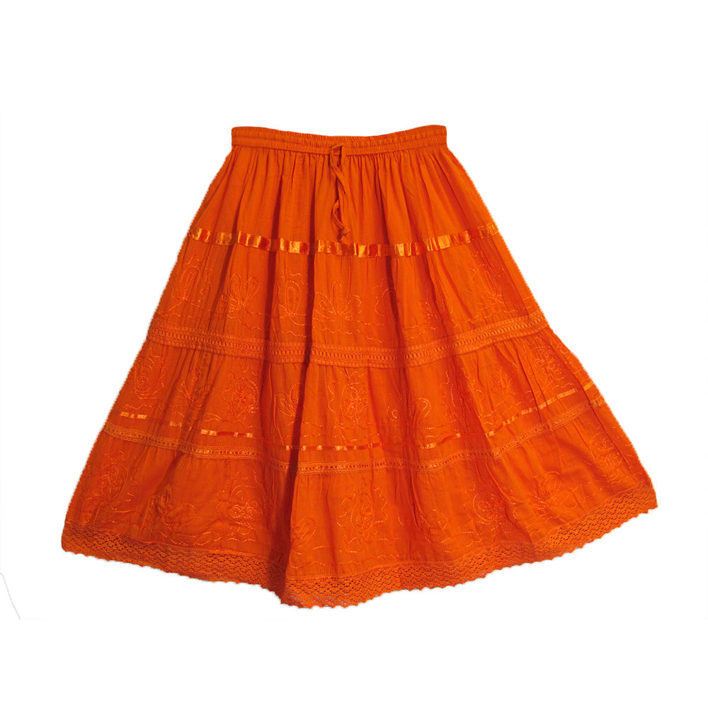 Three-Tier Bohemian Embroidered Cotton Womens Mid Length Skirt - Ambali Fashion Skirts 