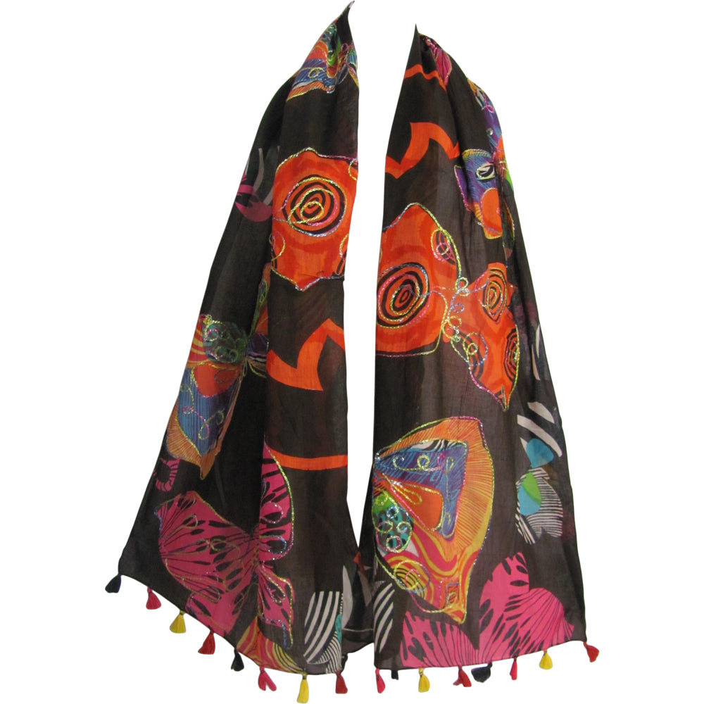 Indian Gauze Cotton w/ Tassels Embroidered Long Butterfly Print Scarf JK103 - Ambali Fashion Cotton Scarves 
