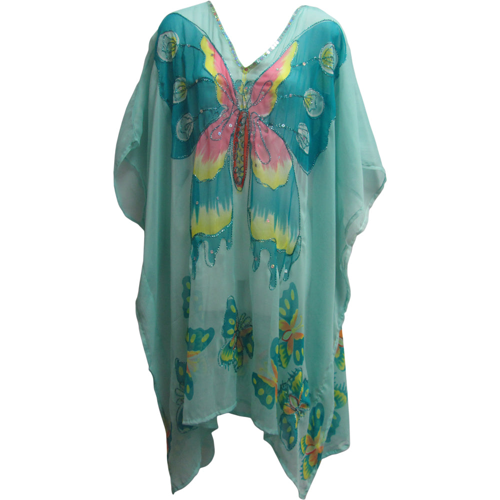 Missy Plus Indian Sequined Chiffon Cover Up Caftan Poncho Blue Butterfly JK #14 - Ambali Fashion Blouses 