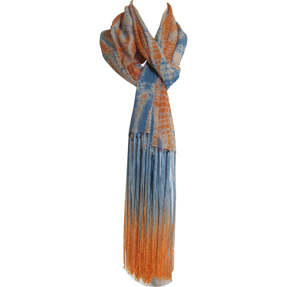 Blue & Orange Tie-Dye Soft Indian Cotton Long Fringe Scarf Stole JK140 - Ambali Fashion Cotton Scarves accessory, autumn, bohemian, boho, fashion, gift, holiday, stole, wrap