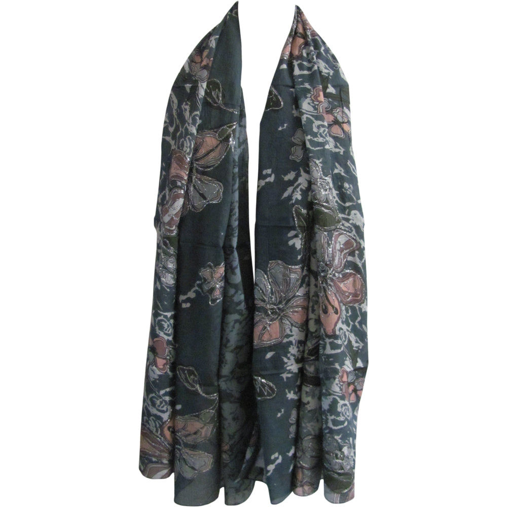 Indian Cotton Shimmering Embroidered Long Floral Scarf Gray/Pink JK170 - Ambali Fashion Cotton Scarves accessory, bohemian, casual, eastern, ethnic, gypsy, stole, trendy, unisex, wrap