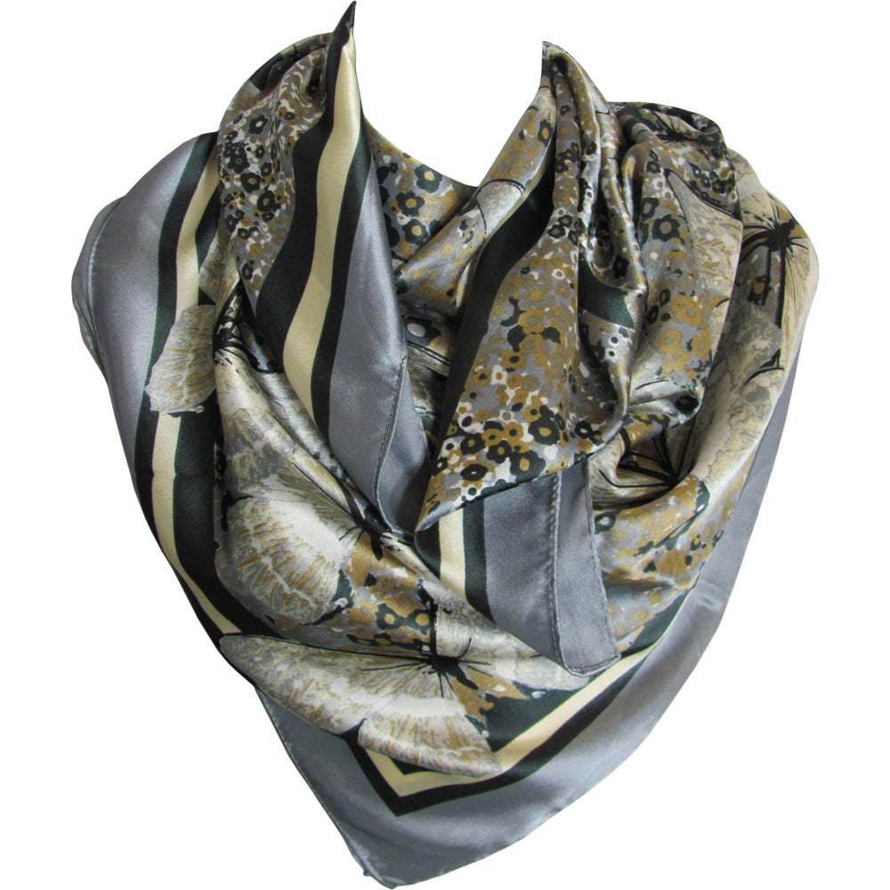 Gray Black Butterfly Print Charmeuse Square Satin Silk Scarf Wrap JK215 - Ambali Fashion Evening Scarves accessory, bohemian, casual, ethnic, gypsy, hippie, shawl, stole, trendy, unisex, wrap