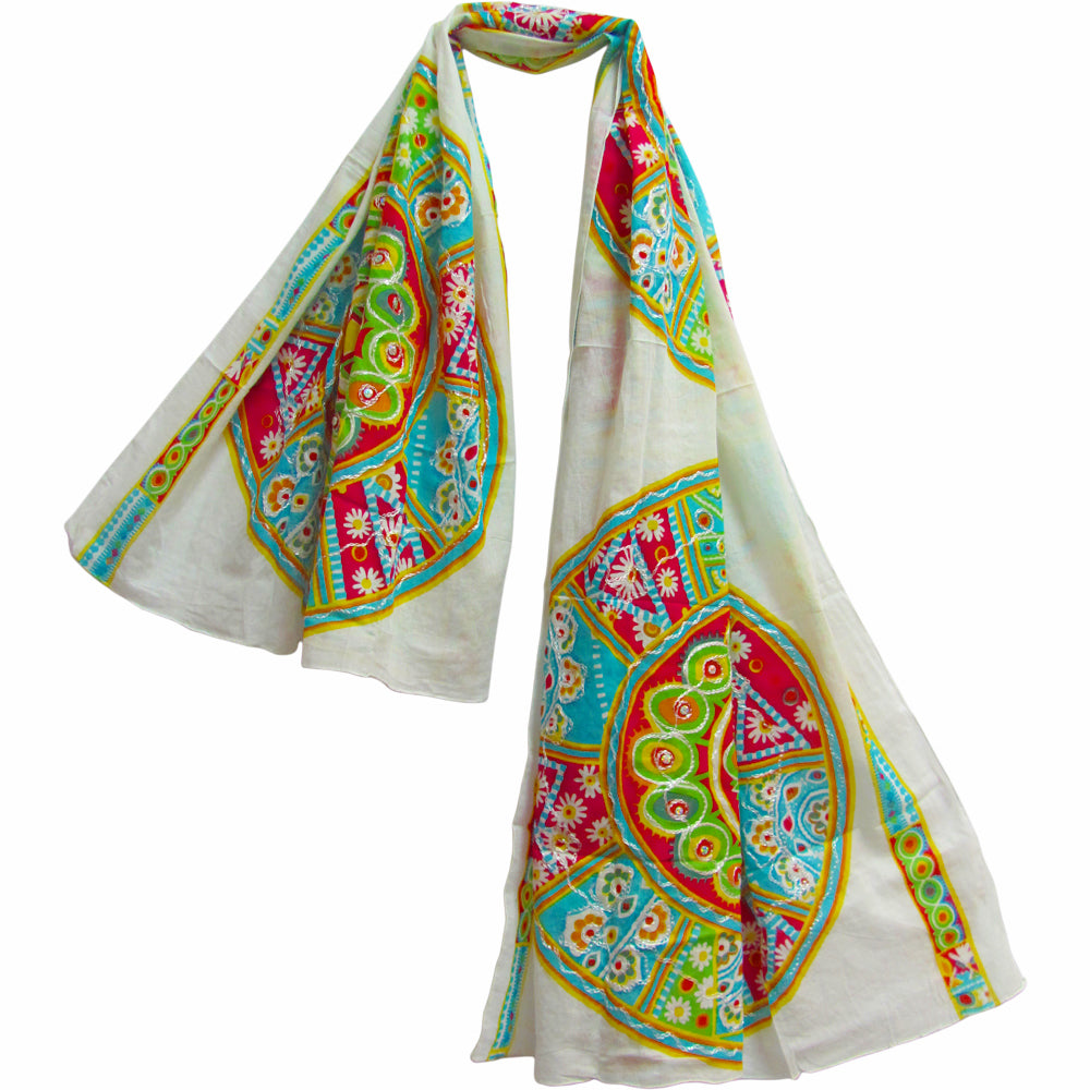 White Indian Cotton Bohemian Embroidered Sequin Sarong Large Scarf Pareo JK249 - Ambali Fashion Cotton Scarves 
