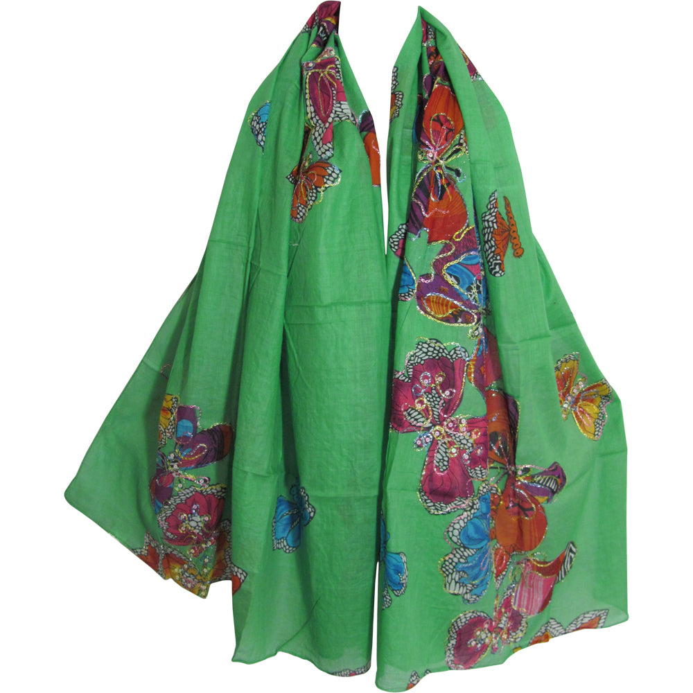 Sea Green Butterfly Scarf Cotton Shimmering Embroidered Long Shawl JK260 - Ambali Fashion Cotton Scarves accessory, bohemian, casual, ethnic, gypsy, hippie, shawl, stole, trendy, unisex, wrap