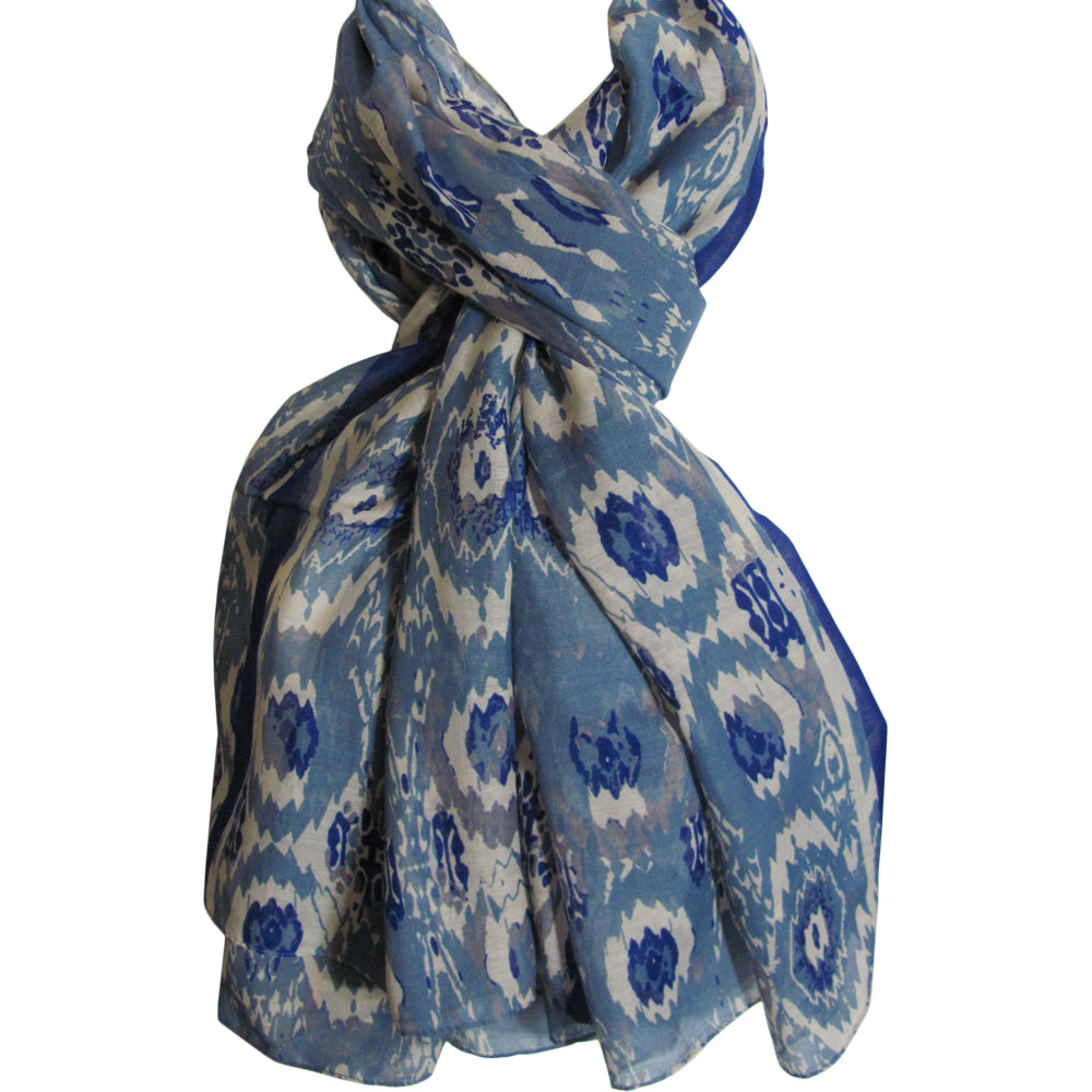Blue & White Fashion Long Tribal Print Scarf Shawl Wrap JK329 - Ambali Fashion Evening Scarves accessory, bohemian, casual, ethnic, gypsy, hippie, shawl, stole, trendy, unisex, wrap