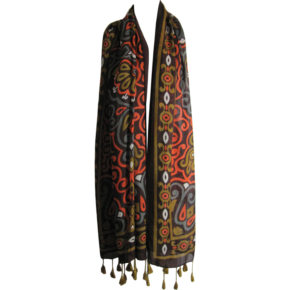 Vintage Earth-Tone Indian Ethnic Tasseled Fashion Tribal Print Scarf JK38 - Ambali Fashion Evening Scarves accessory, bohemian, casual, eastern, ethnic, gypsy, hippie, shawl, trendy, unisex, 