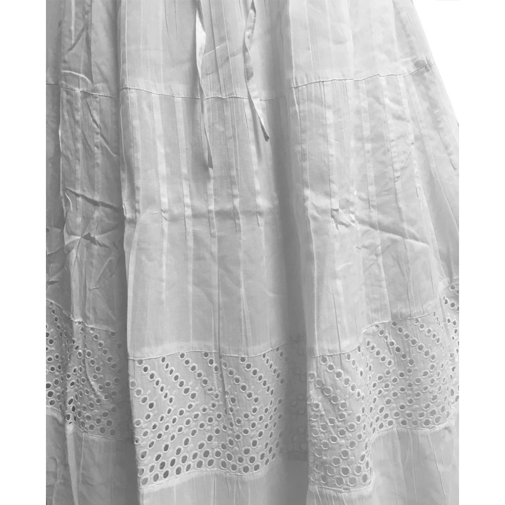 Bohemian White Eyelet Tiered Indian Fine Gauze Cotton Long Maxi Skirt JK4 - Ambali Fashion Skirts 
