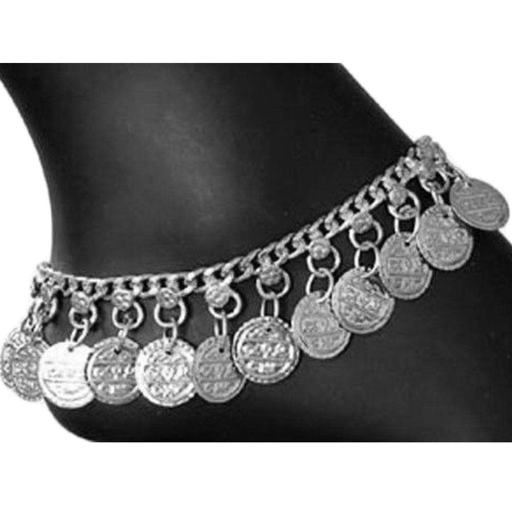 Indian Traditional Belly Dance Ghungroo Silver-Toned Coin Anklet - Ambali Fashion Anklet 
