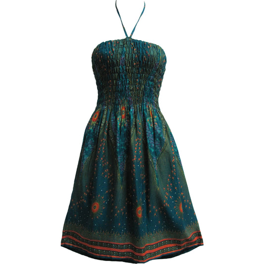 Halter Neck Peacock Print Mid-Length Tube Cotton Sun Dress THNONA2 - Ambali Fashion Dresses 