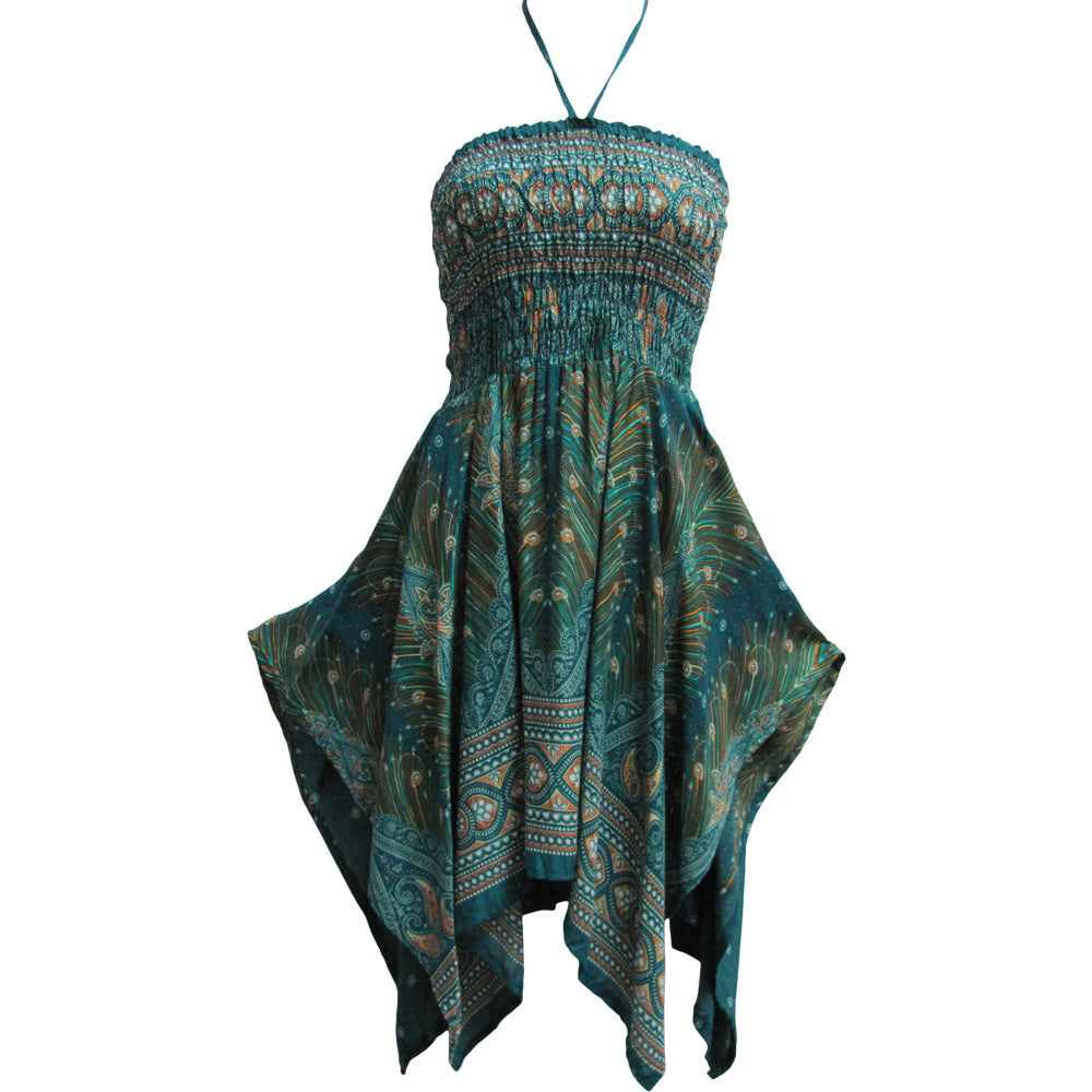 Halter Neck Peacock & Paisley Print Cotton Tube Short Sun Dress Skirt THNONA1 - Ambali Fashion Dresses 