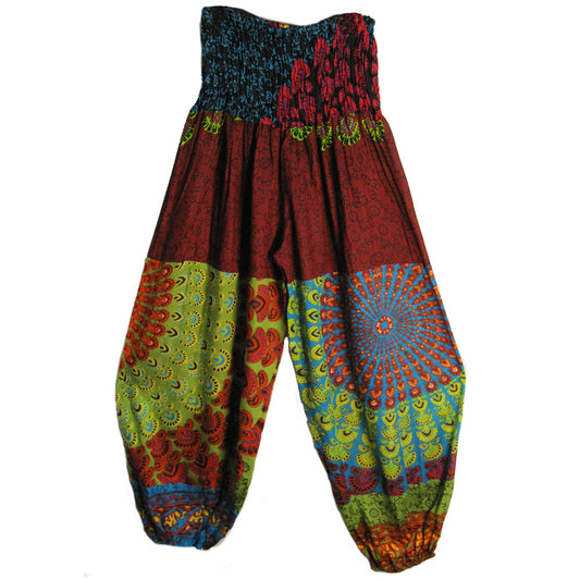 Gauze Gypsy Patchwork Bohemian Harem Pants (Multicolor Peacock Mandala Print) - Ambali Fashion Women's Pants 