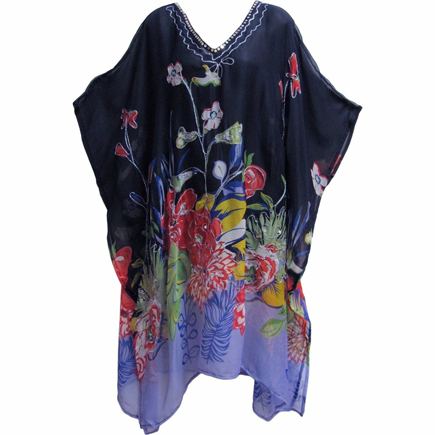 Missy Plus Indian Sequined Chiffon Cover Up Caftan Poncho Navy Blue Floral JK #15 - Ambali Fashion Caftans and Coverups 